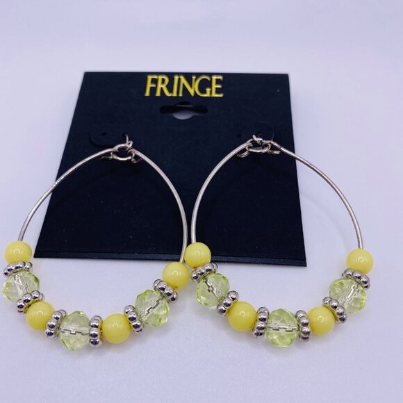 Fringe Yellow Beaded Hoop Earrings Lightweight Silver Tone Boho Chic NWT - Picture 2 of 4